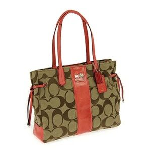 Coach Brown Signature Chelsea Canvas Bag 18967 with Coral Leather Accents VGC